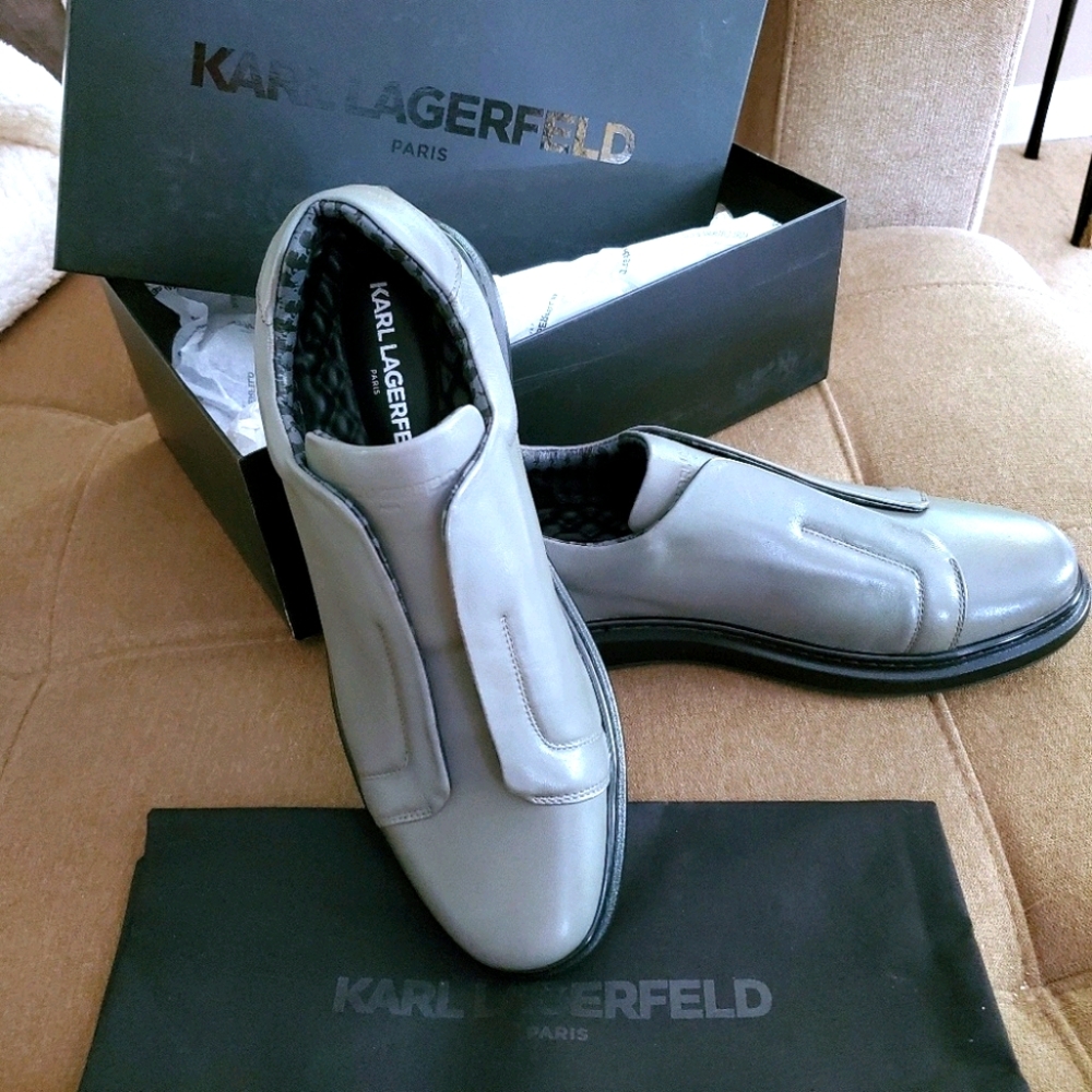 NEW 💯 Karl Lagerfeld Grey Leather Slip On Loafers